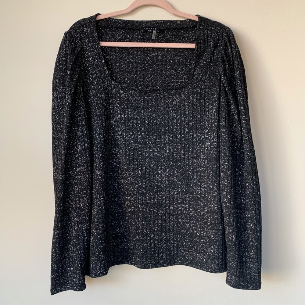 1. State Black Long Sleeve T Shirt Ribbed Square Neck Silver Sparkle Thread 3X